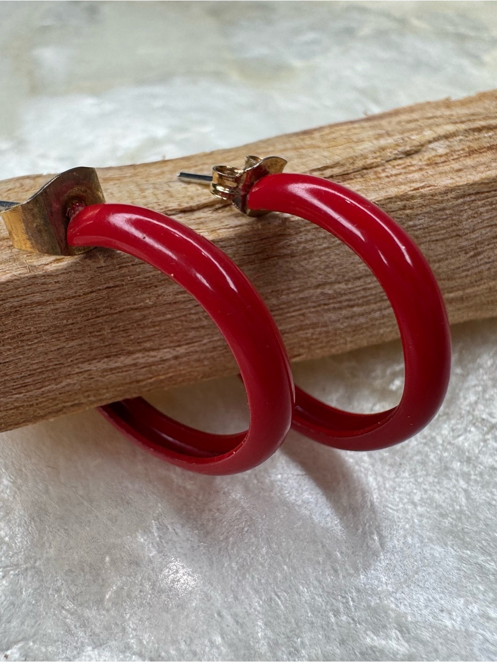 Red Hoop Earrings Enamel C Shape Open Small Huggie Posts Retro